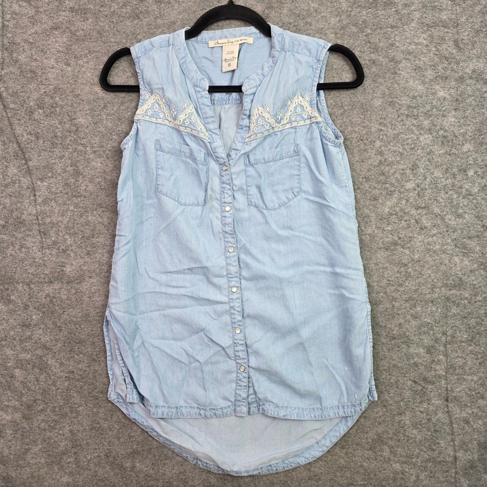 American Rag Sleeveless Embroidered Chambray Tunic Top Blue S READ